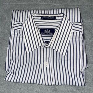 Stafford Men's White and Navy Striped Dress Shirt